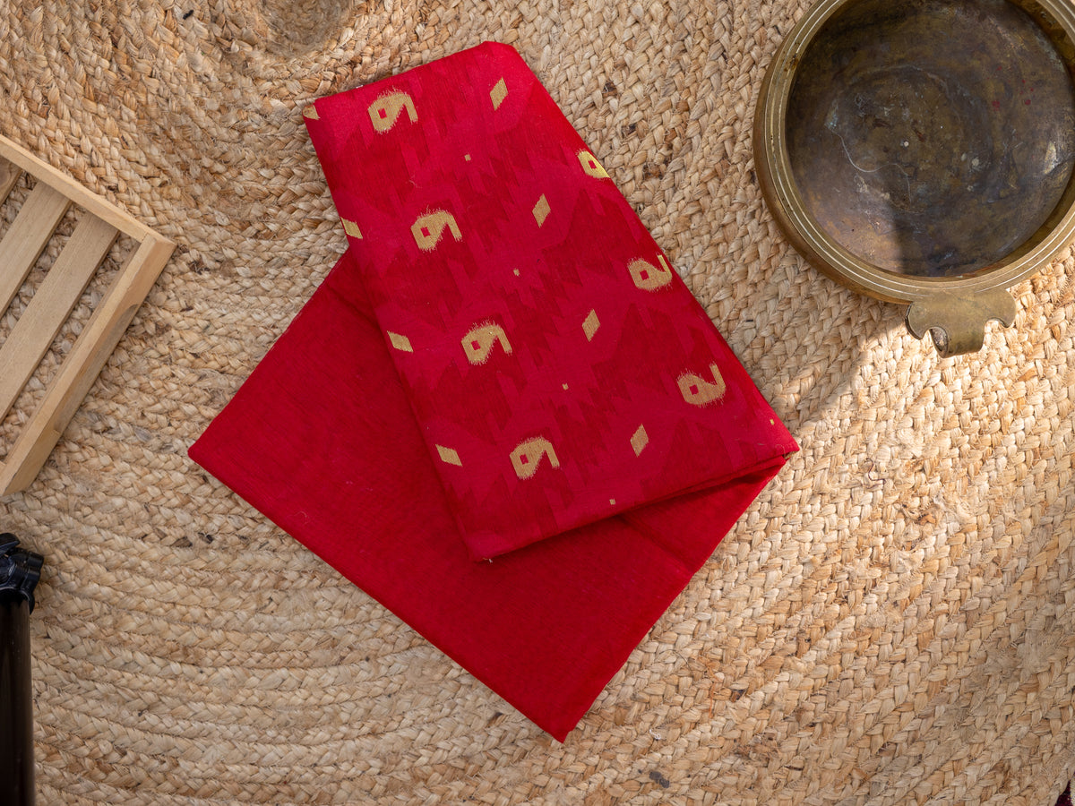 Red Jamdani Cotton Saree Contrast Pallu by Vrika Sarees.